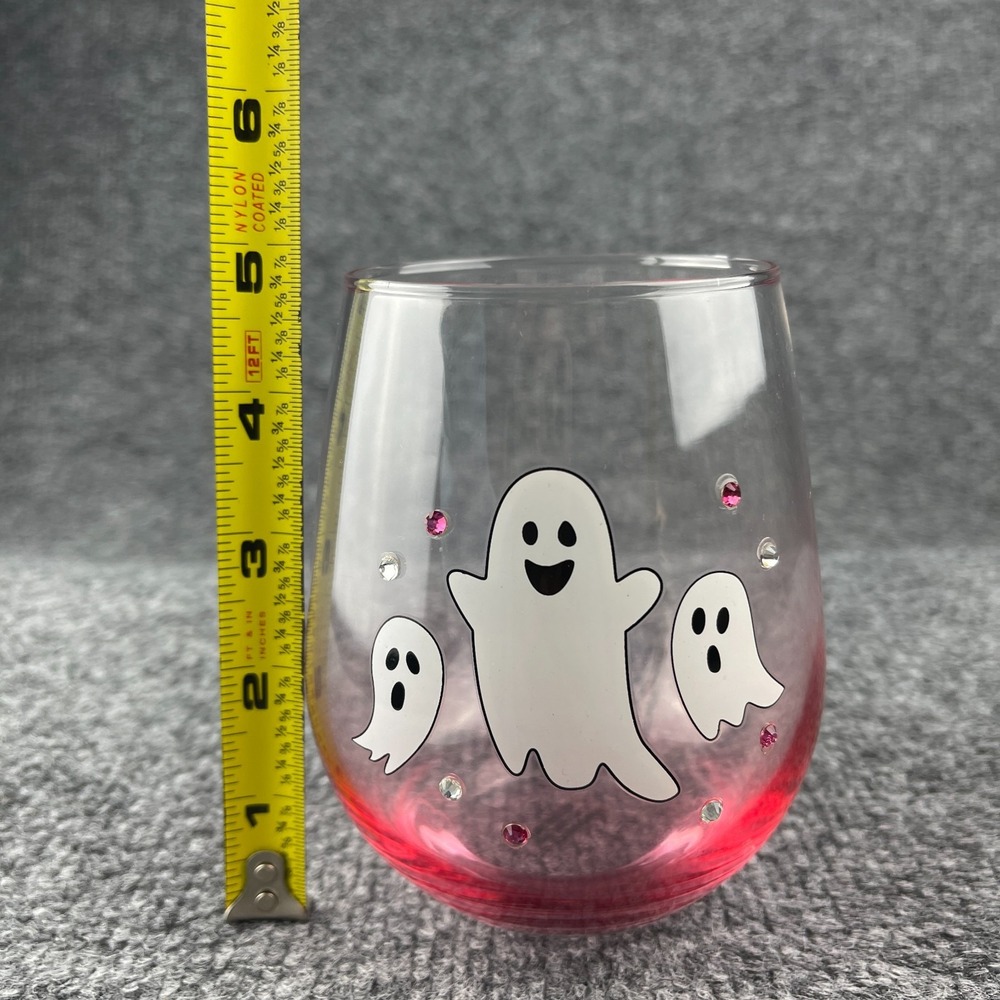 Cobwebs & Cauldrons Halloween Pink Ghost Rhinestone Stemless Wine Glass NEW - Picture 13 of 14